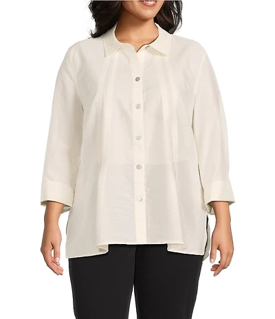 Multiples Plus Size Crinkle Poplin Point Collar 3/4 Flip Back Cuff Fit & Flare Button Front Shirt