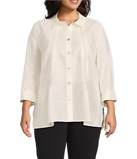 Multiples Plus Size Crinkle Poplin Point Collar 3/4 Flip Back Cuff Fit & Flare Button Front Shirt