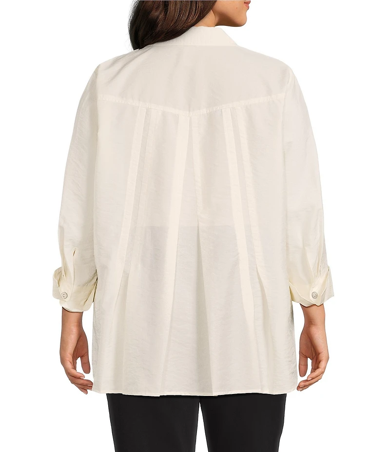 Multiples Plus Size Crinkle Poplin Point Collar 3/4 Flip Back Cuff Fit & Flare Button Front Shirt