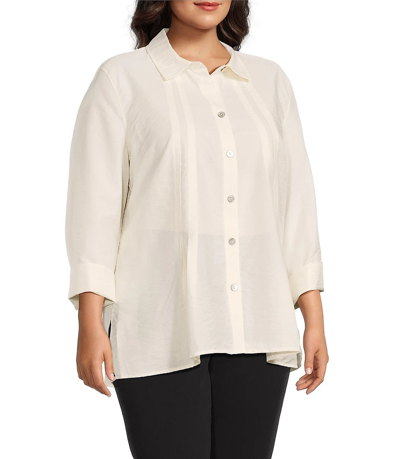 Multiples Plus Size Crinkle Poplin Point Collar 3/4 Flip Back Cuff Fit & Flare Button Front Shirt