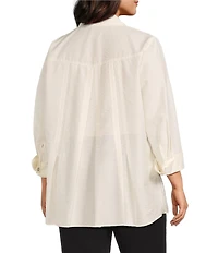 Multiples Plus Size Crinkle Poplin Point Collar 3/4 Flip Back Cuff Fit & Flare Button Front Shirt