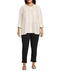 Multiples Plus Size Crinkle Poplin Point Collar 3/4 Flip Back Cuff Fit & Flare Button Front Shirt