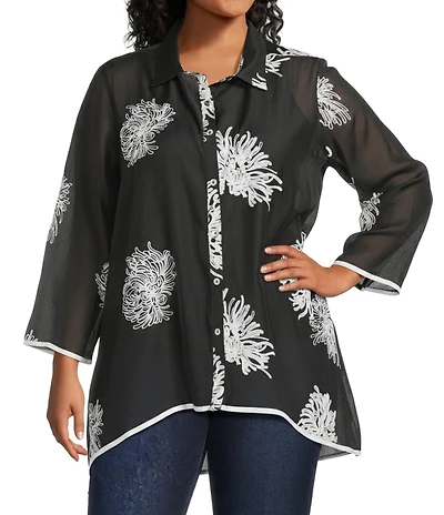 Multiples Plus Size Crinkle Sheer All-Over Embroidery Point Collar 3/4 Sleeve Button-Front Shirt