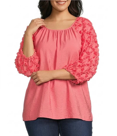 Multiples Plus Size Crinkle Woven Scoop Neck 3/4 Sleeve Soutache Trim Peasant Top