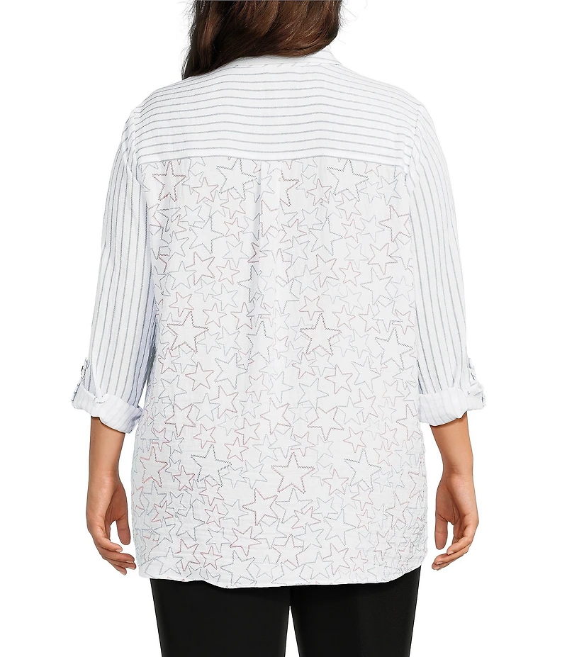 Multiples Plus Size Crinkle Woven Star Stripe Print Point Collar Long Roll-Tab Sleeve Hi-Low Hem Button Front Shirt