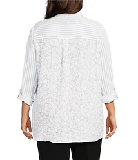 Multiples Plus Size Crinkle Woven Star Stripe Print Point Collar Long Roll-Tab Sleeve Hi-Low Hem Button Front Shirt