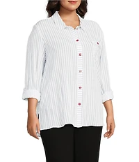 Multiples Plus Size Crinkle Woven Star Stripe Print Point Collar Long Roll-Tab Sleeve Hi-Low Hem Button Front Shirt