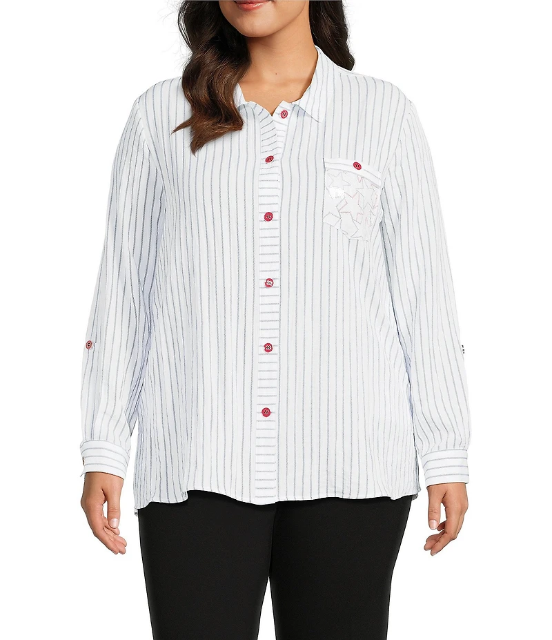 Multiples Plus Size Crinkle Woven Star Stripe Print Point Collar Long Roll-Tab Sleeve Hi-Low Hem Button Front Shirt