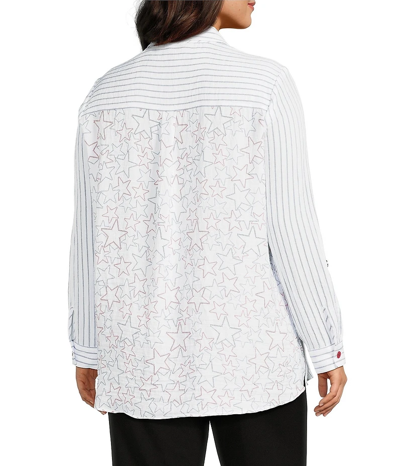 Multiples Plus Size Crinkle Woven Star Stripe Print Point Collar Long Roll-Tab Sleeve Hi-Low Hem Button Front Shirt