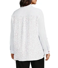 Multiples Plus Size Crinkle Woven Star Stripe Print Point Collar Long Roll-Tab Sleeve Hi-Low Hem Button Front Shirt