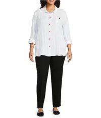 Multiples Plus Size Crinkle Woven Star Stripe Print Point Collar Long Roll-Tab Sleeve Hi-Low Hem Button Front Shirt