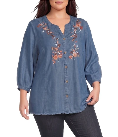 Multiples Plus Size Denim Embroidered Split Round Neck 3/4 Sleeve Fringe Hem Button-Front Shirt