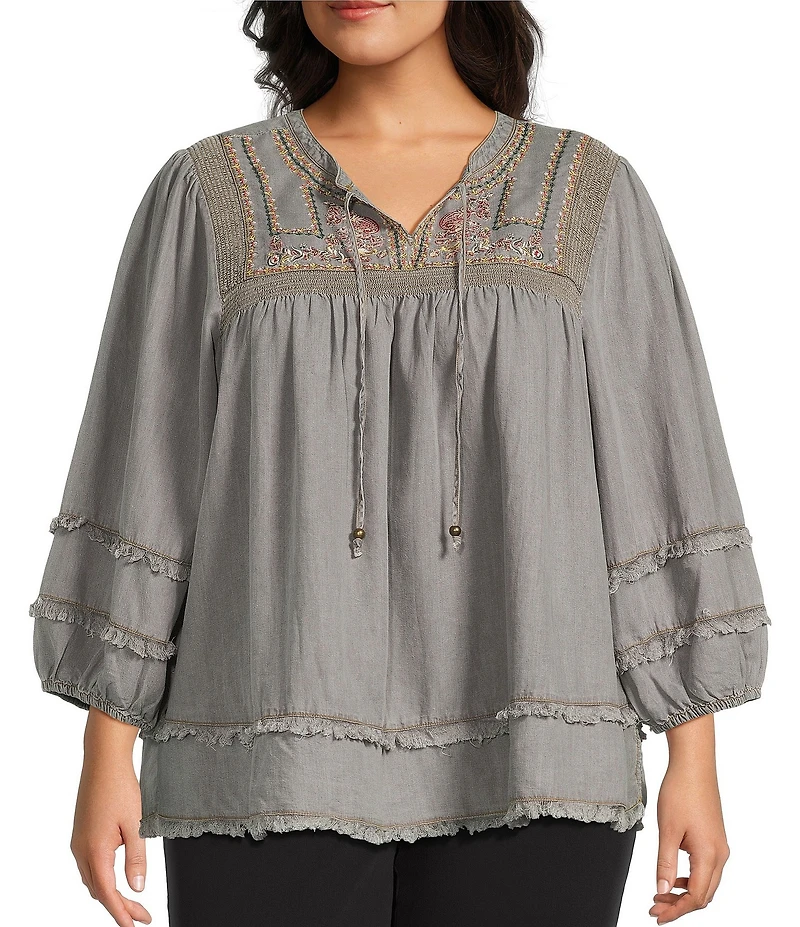Multiples Plus Size Embroidered Band Collar 3/4 Sleeve Fringe Hem Top