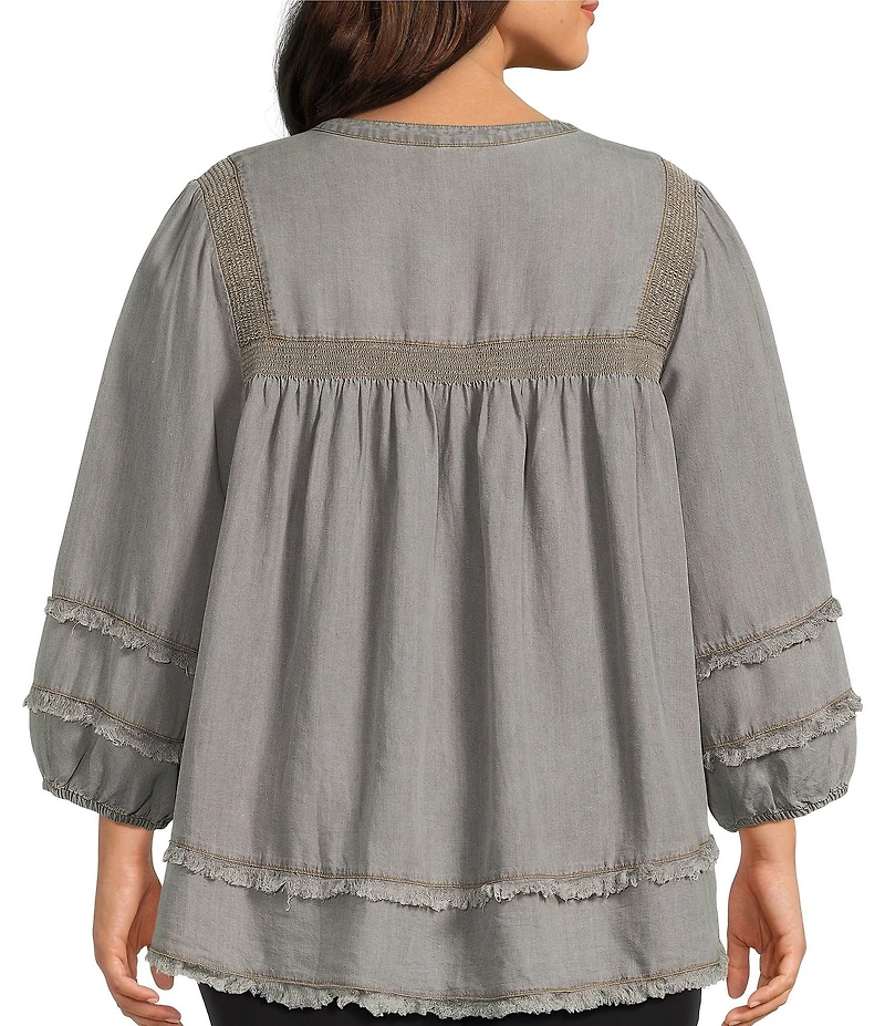 Multiples Plus Size Embroidered Band Collar 3/4 Sleeve Fringe Hem Top