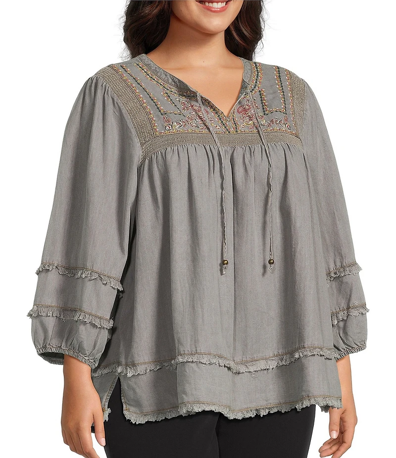 Multiples Plus Size Embroidered Band Collar 3/4 Sleeve Fringe Hem Top