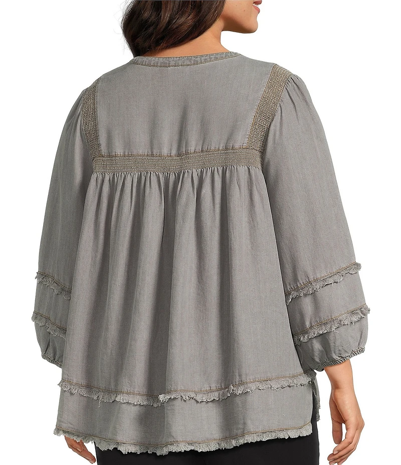 Multiples Plus Size Embroidered Band Collar 3/4 Sleeve Fringe Hem Top