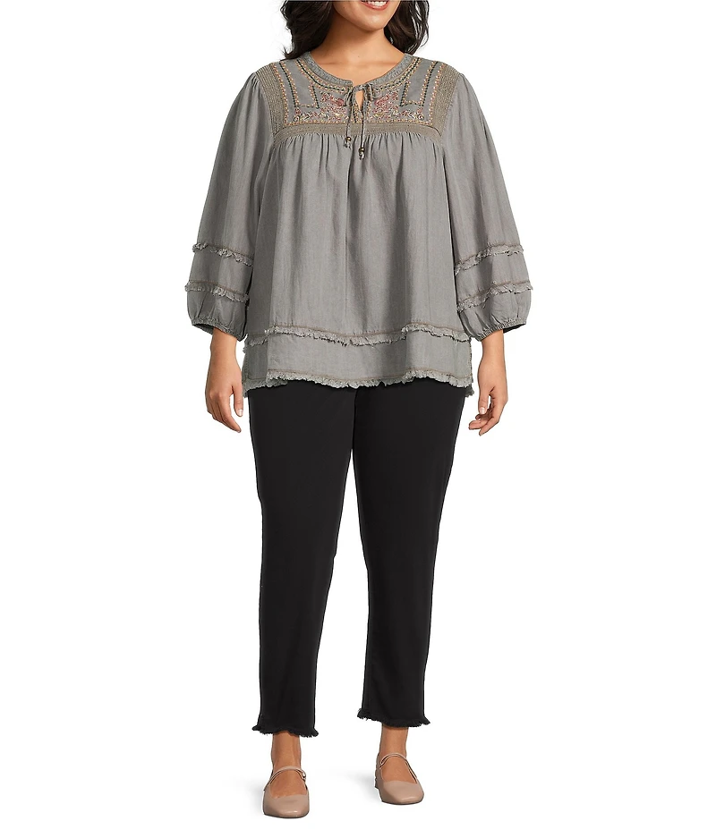 Multiples Plus Size Embroidered Band Collar 3/4 Sleeve Fringe Hem Top