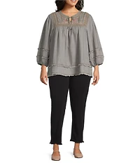 Multiples Plus Size Embroidered Band Collar 3/4 Sleeve Fringe Hem Top