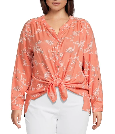 Multiples Plus Size Embroidered Crinkle Woven Tie-Front Shirt