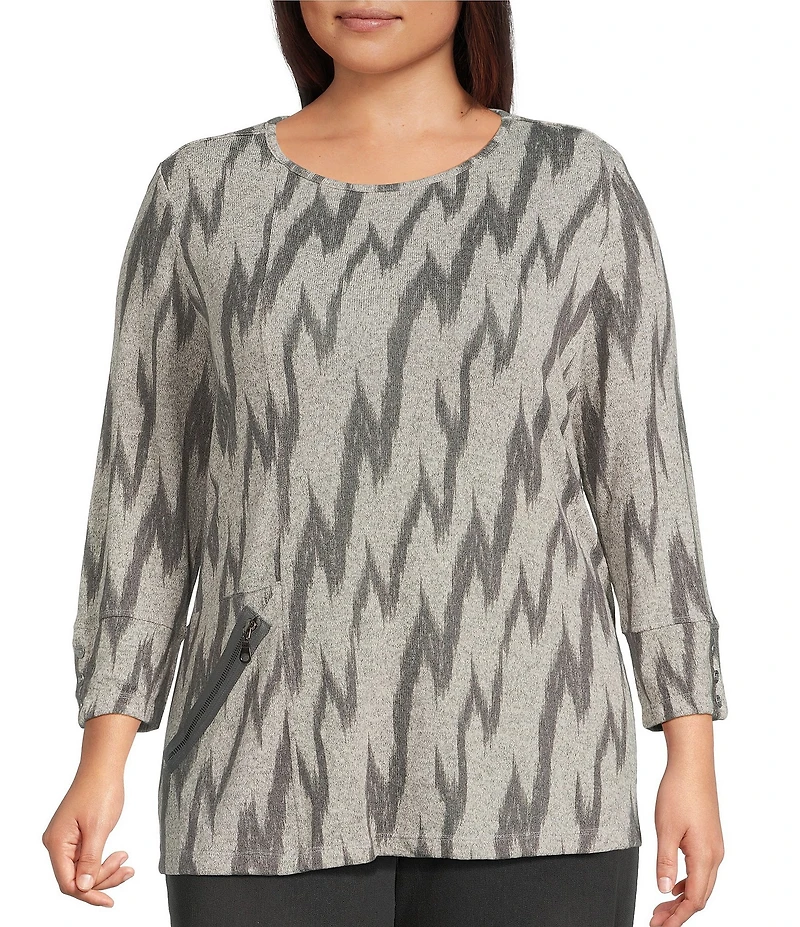 Multiples Plus Size Grey Print Scoop Neck 3/4 Sleeve Top