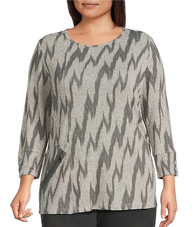 Multiples Plus Size Grey Print Scoop Neck 3/4 Sleeve Top