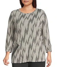 Multiples Plus Size Grey Print Scoop Neck 3/4 Sleeve Top