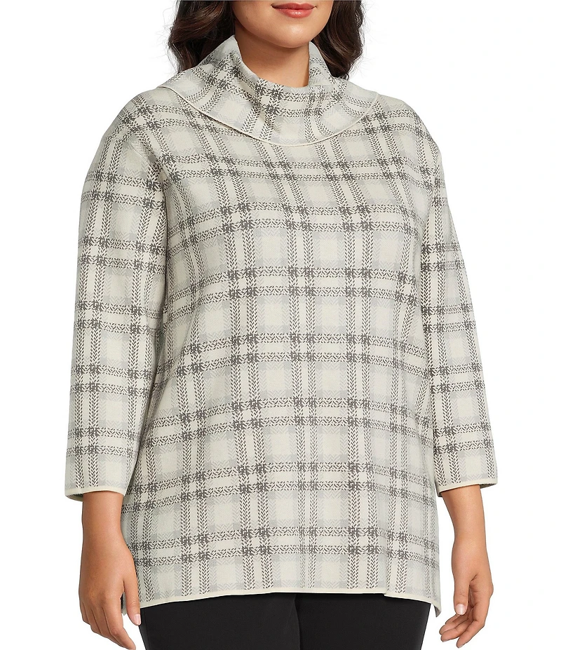 Multiples Plus Size Jacquard Knit Plaid Cowl Neck 3/4 Sleeve Top