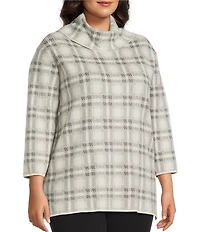 Multiples Plus Size Jacquard Knit Plaid Cowl Neck 3/4 Sleeve Top