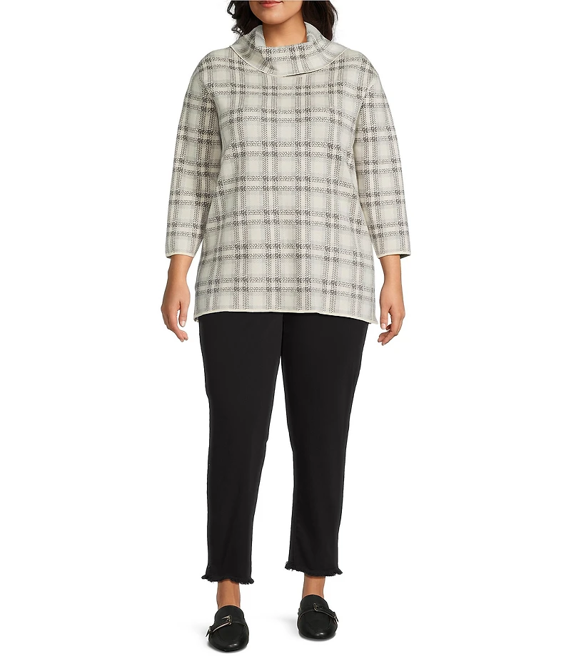 Multiples Plus Size Jacquard Knit Plaid Cowl Neck 3/4 Sleeve Top