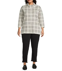 Multiples Plus Size Jacquard Knit Plaid Cowl Neck 3/4 Sleeve Top