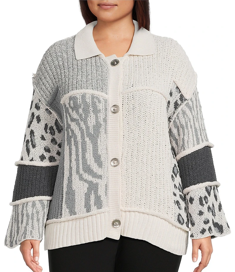 Multiples Plus Size Jacquard Knit Solid Mixed Animal Print Collared 3/4 Sleeve Button Front Cardigan