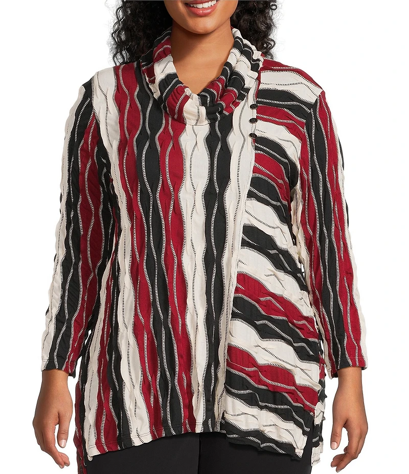 Multiples Plus Size Jacquard Knit Textured Wavy Stripe Print Collar Neck 3/4 Sleeve Top