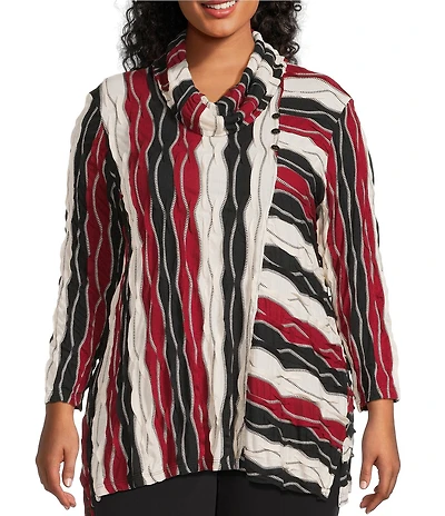 Multiples Plus Size Jacquard Knit Textured Wavy Stripe Print Collar Neck 3/4 Sleeve Top