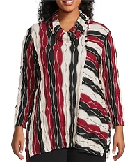 Multiples Plus Size Jacquard Knit Textured Wavy Stripe Print Collar Neck 3/4 Sleeve Top