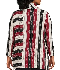 Multiples Plus Size Jacquard Knit Textured Wavy Stripe Print Collar Neck 3/4 Sleeve Top