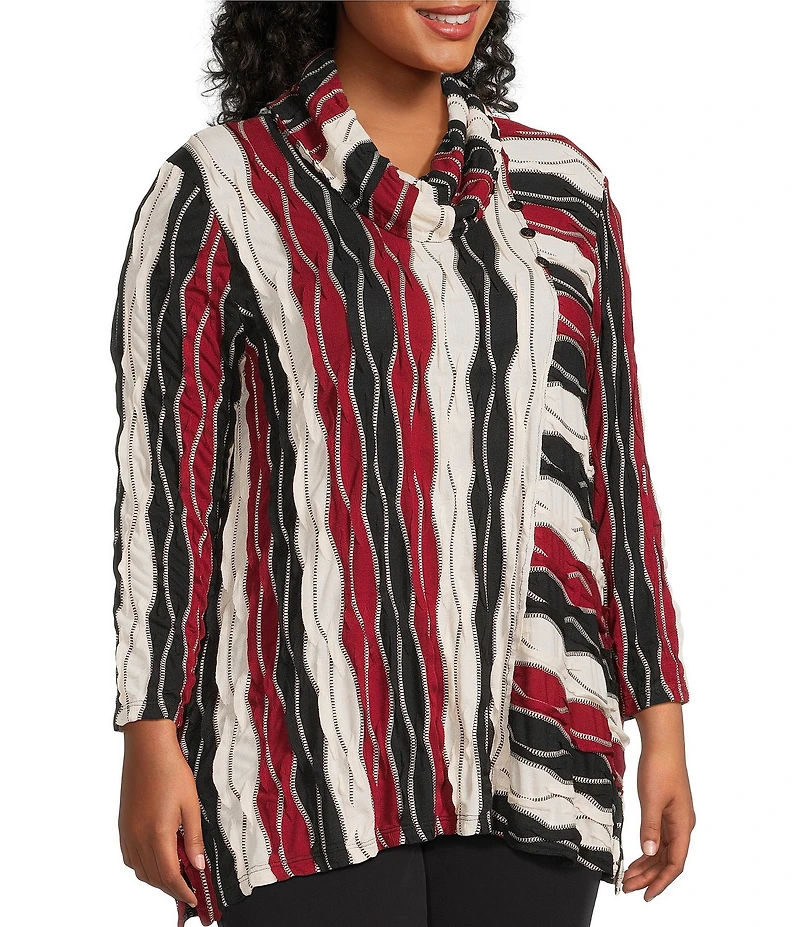 Multiples Plus Size Jacquard Knit Textured Wavy Stripe Print Collar Neck 3/4 Sleeve Top