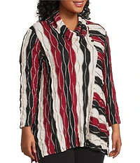 Multiples Plus Size Jacquard Knit Textured Wavy Stripe Print Collar Neck 3/4 Sleeve Top