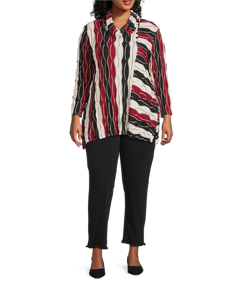 Multiples Plus Size Jacquard Knit Textured Wavy Stripe Print Collar Neck 3/4 Sleeve Top
