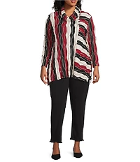 Multiples Plus Size Jacquard Knit Textured Wavy Stripe Print Collar Neck 3/4 Sleeve Top