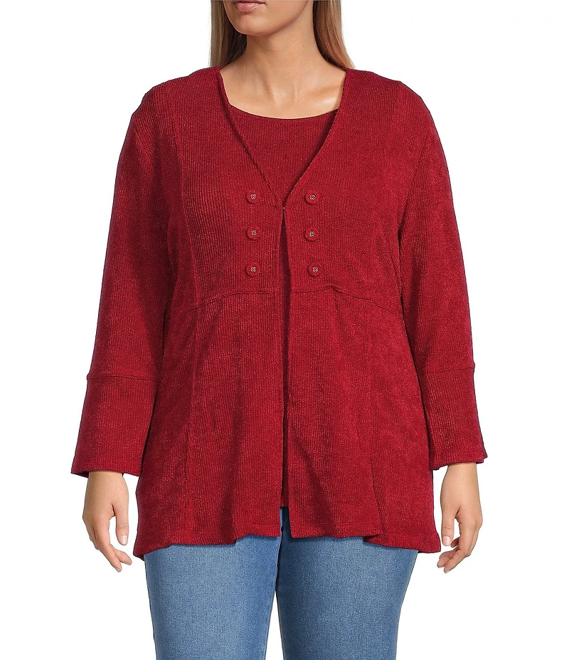 Multiples Plus Size Knit 3/4 Flounce Sleeve Long Cardigan Matching Shell Set