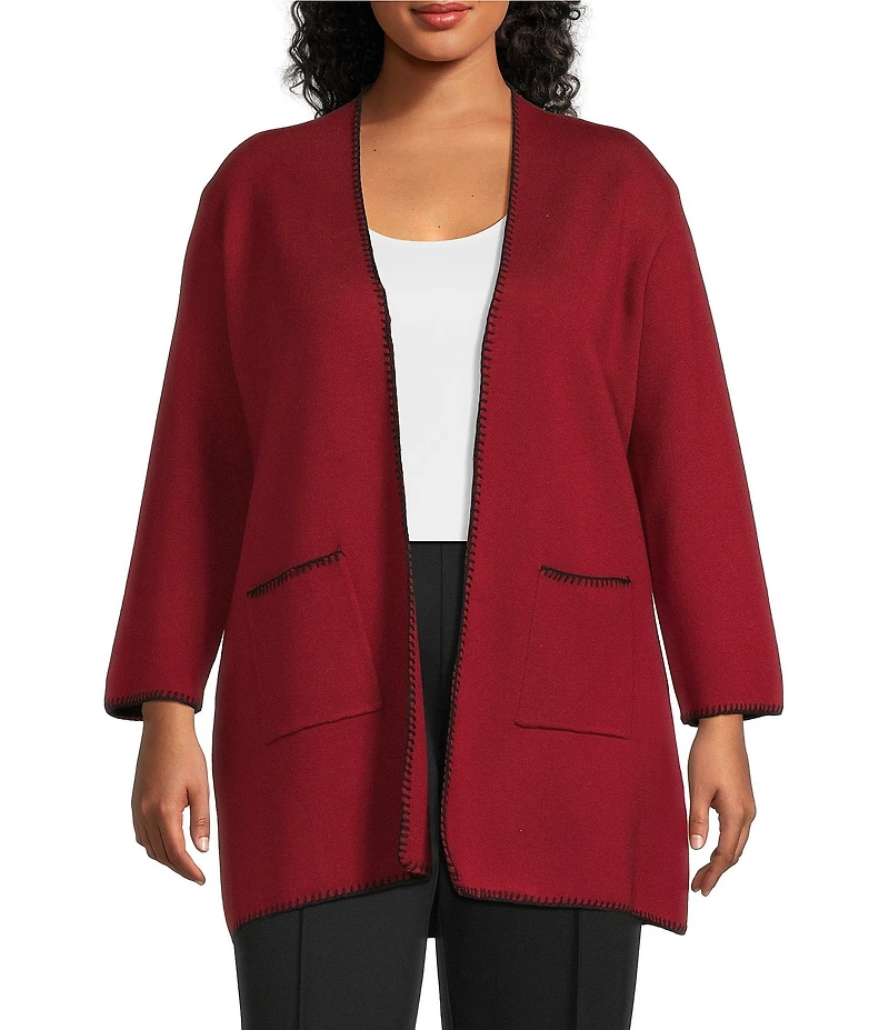 Multiples Plus Size Knit 3/4 Sleeve Open-Front Solid Long Sweater Cardigan