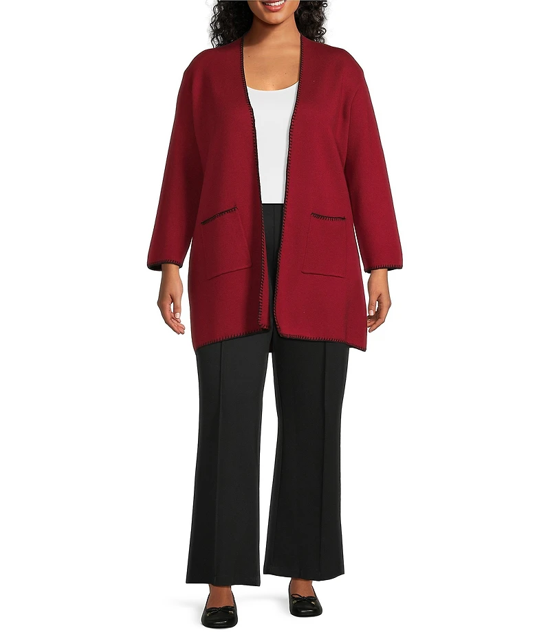Multiples Plus Size Knit 3/4 Sleeve Open-Front Solid Long Sweater Cardigan