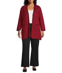 Multiples Plus Size Knit 3/4 Sleeve Open-Front Solid Long Sweater Cardigan