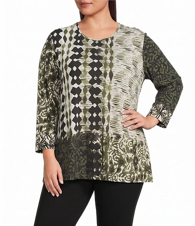 Multiples Plus Size Knit Printed Crew Neck 3/4 Sleeve Top