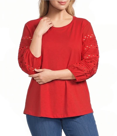 Multiples Plus Size Knit Scoop Neck 3/4 Embroidered Sleeve Top