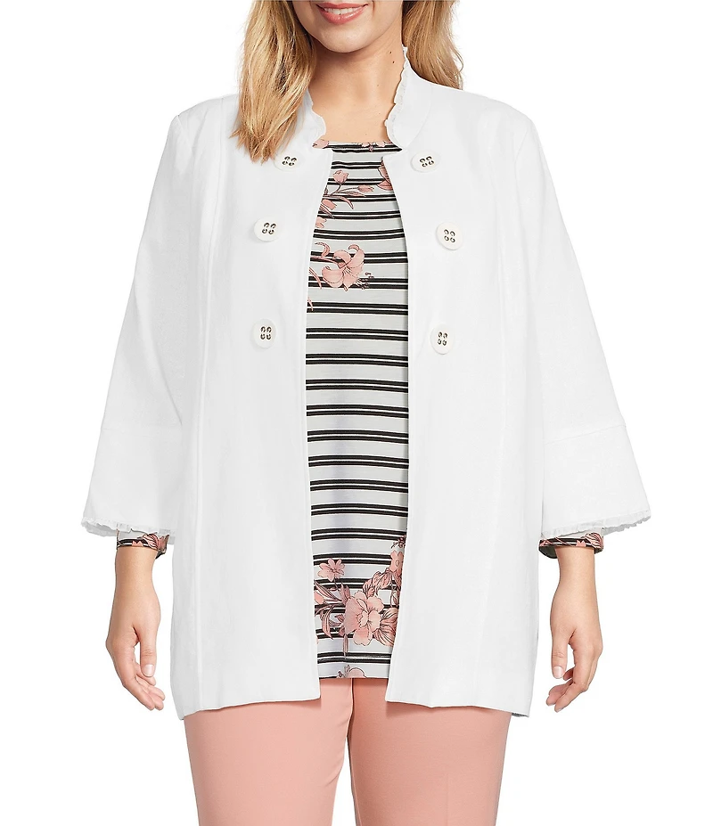 Multiples Plus Size Linen-Blend Stand Collar 3/4 Flounce Sleeve Open-Front Jacket