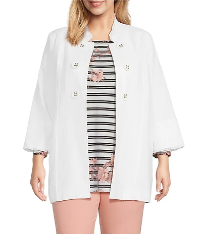 Multiples Plus Size Linen-Blend Stand Collar 3/4 Flounce Sleeve Open-Front Jacket