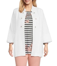 Multiples Plus Size Linen-Blend Stand Collar 3/4 Flounce Sleeve Open-Front Jacket