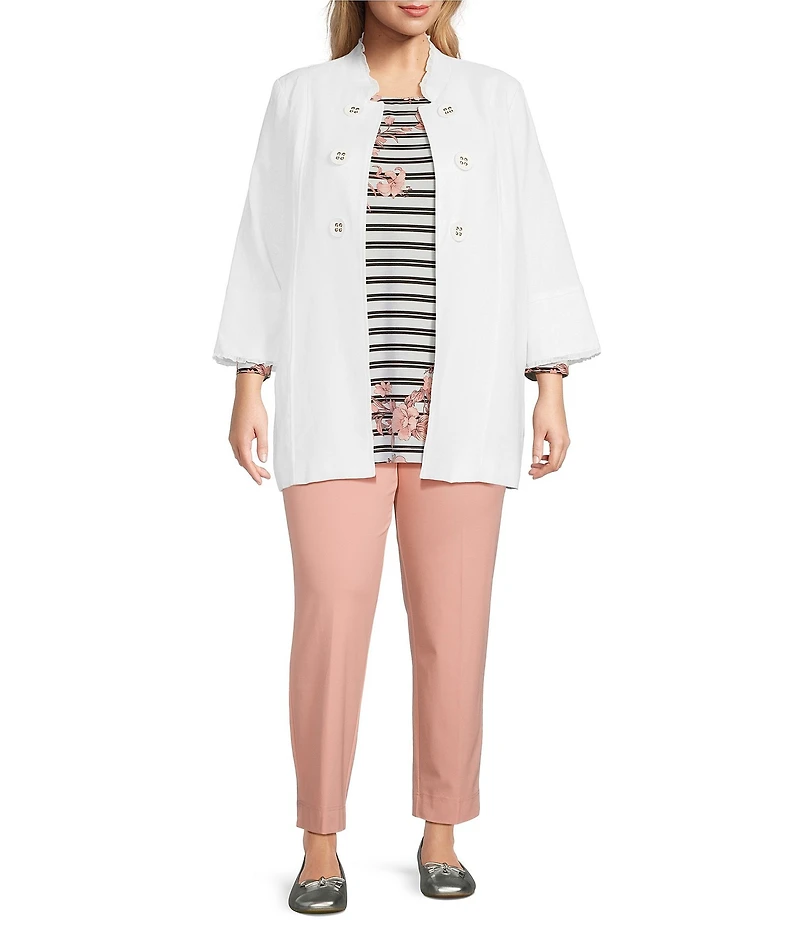 Multiples Plus Size Linen-Blend Stand Collar 3/4 Flounce Sleeve Open-Front Jacket