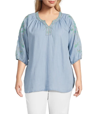 Multiples Plus Size Lyocell Embroidered Elbow Raglan Sleeve Notch Neck Band Collar Hi-Low Hem Top